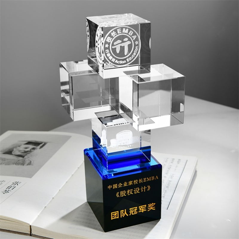 Team Champion Award Stacked Square Crystal Trophy